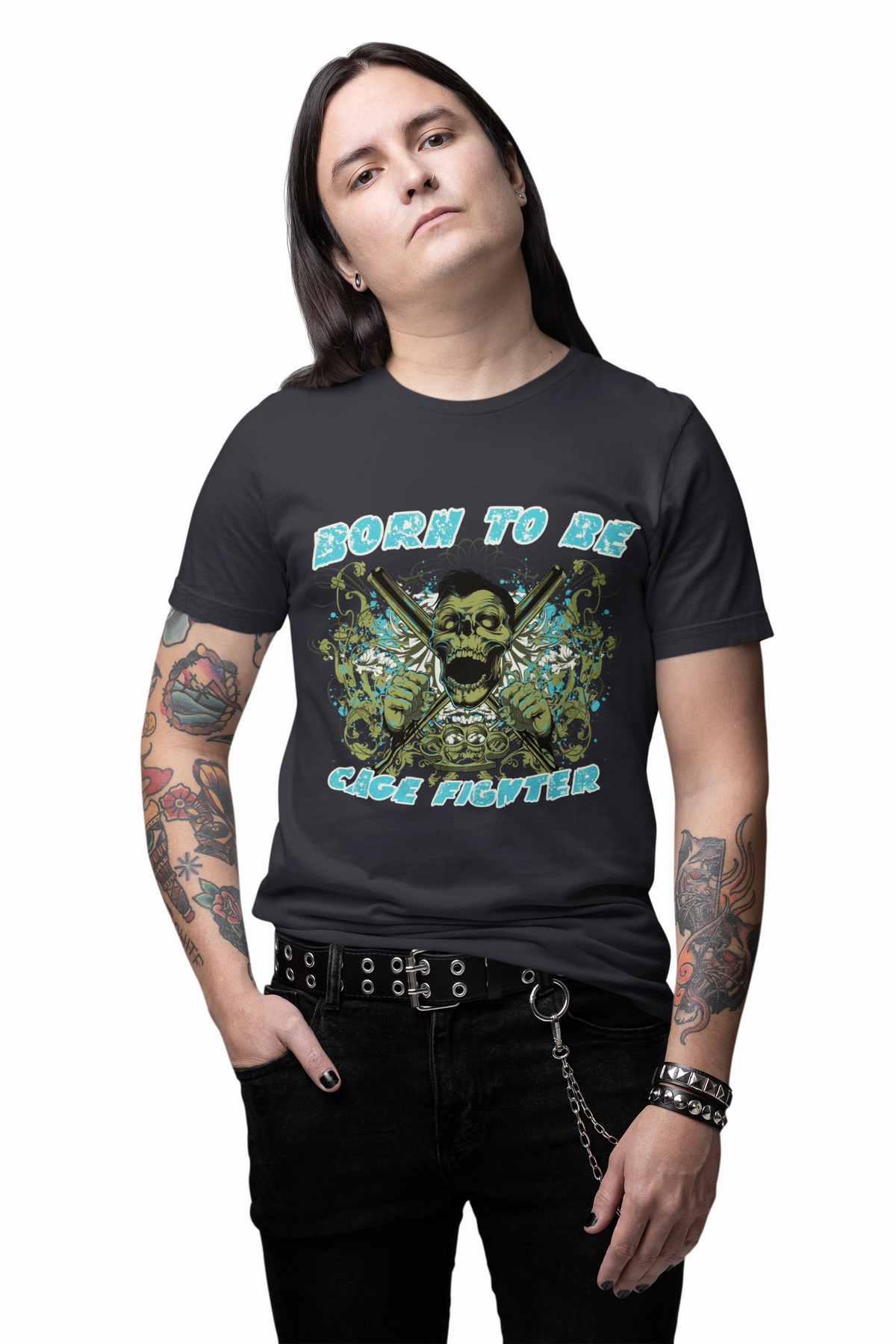 Born To Be Cage Fighter Tee Skull Crossed Knives Graphic T-Shirt