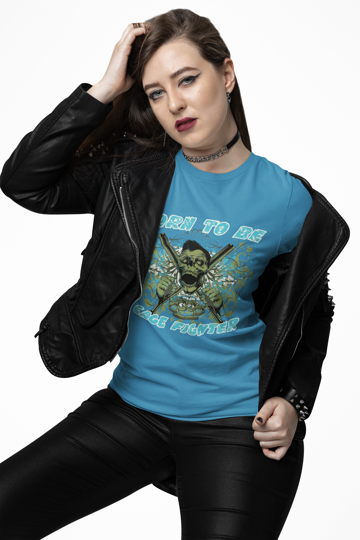 Born To Be Cage Fighter Tee Skull Crossed Knives Graphic T-Shirt