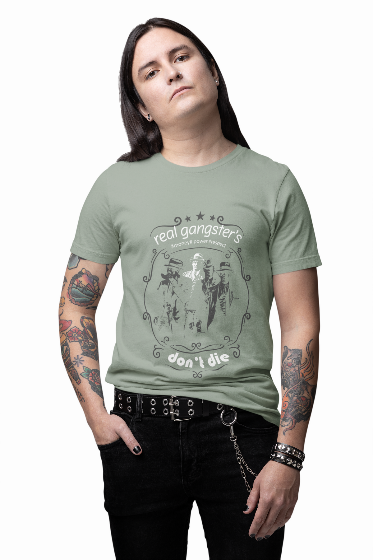 Real Gangsters Don't Die T-Shirt Vintage Outlaw Illustration Retro Biker Tee A-3