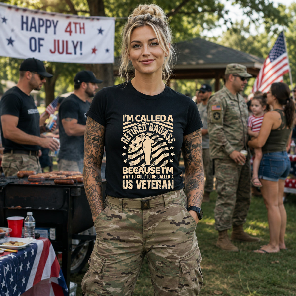 Retired Badass US Veteran T-Shirt Veteran Flag Silhouette Unisex Cotton Tee v12