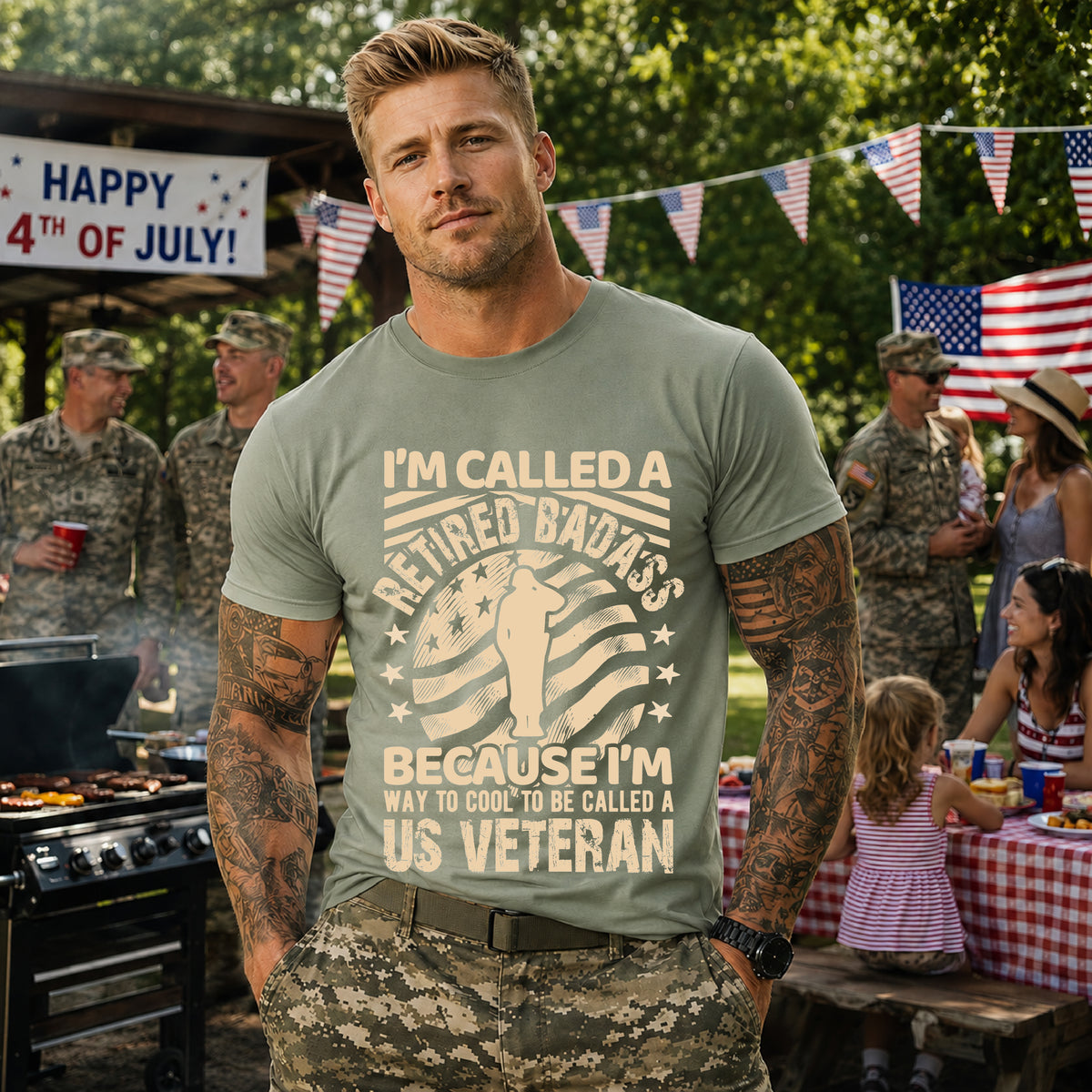 Retired Badass US Veteran T-Shirt Veteran Flag Silhouette Unisex Cotton Tee v12