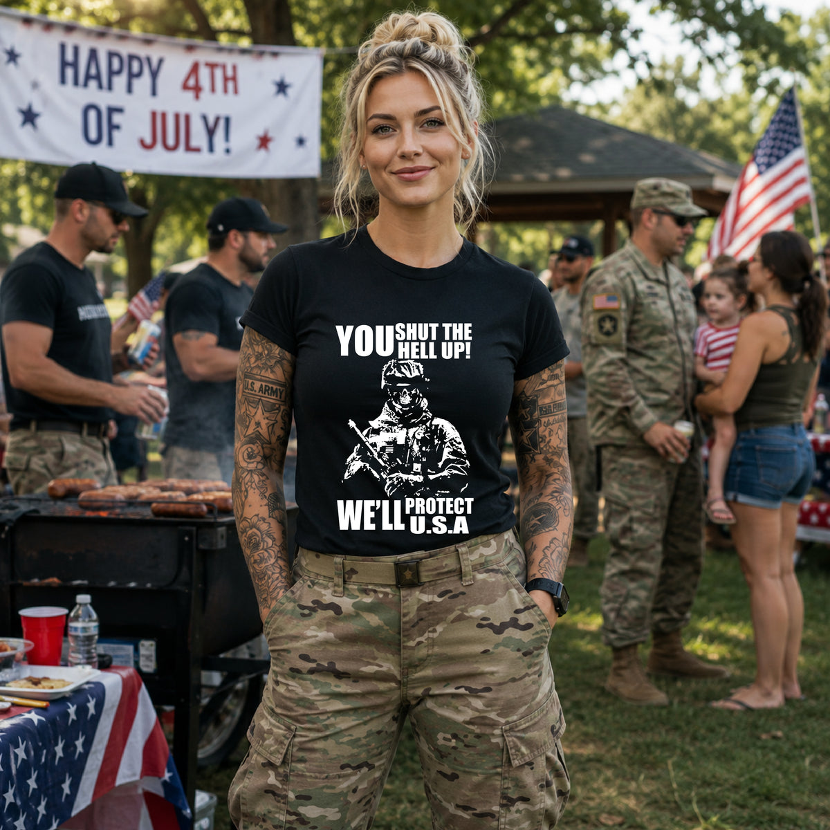 You Shut The Hell Up We'll Protect USA T-Shirt Soldier Graphic Unisex Cotton Tee v11