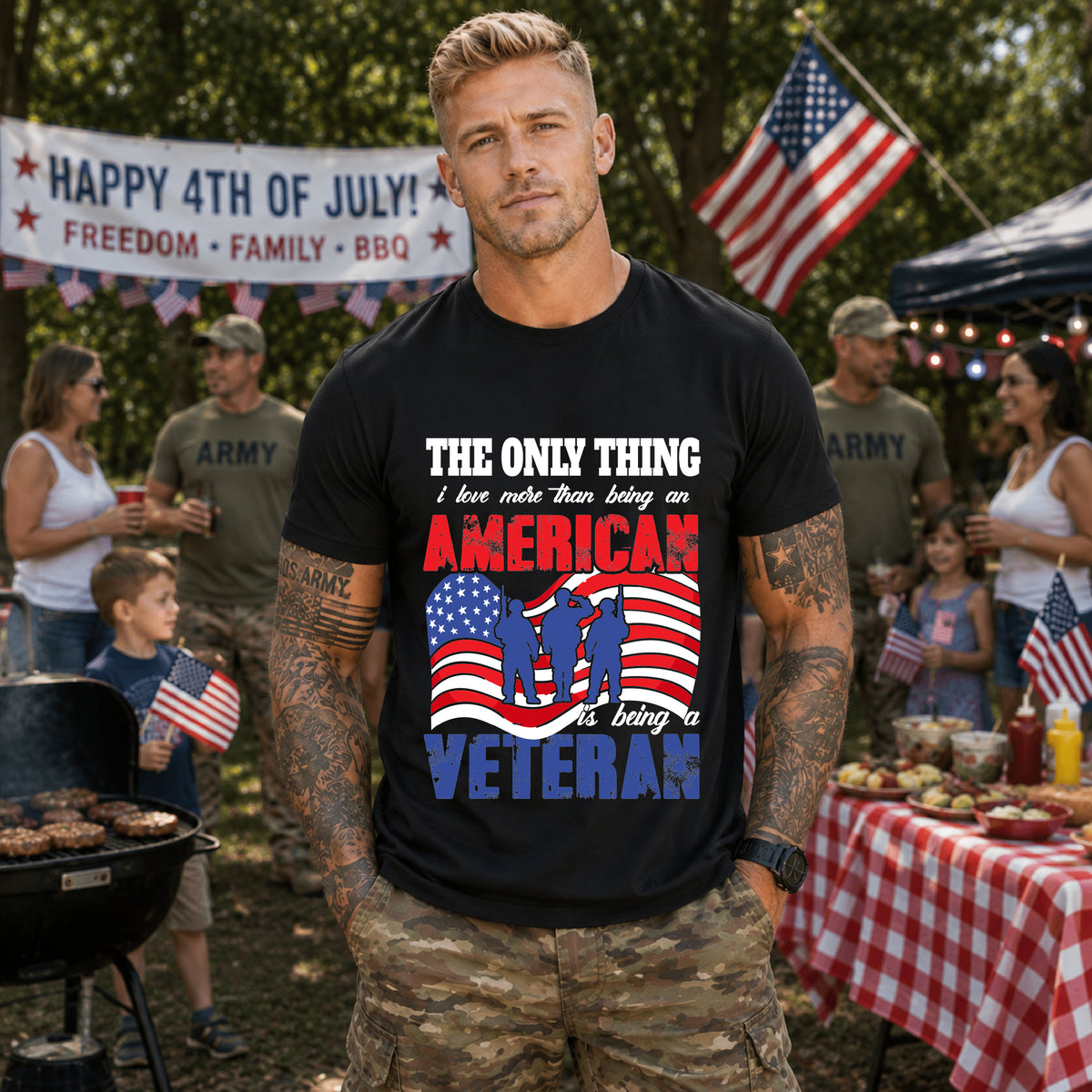 American Veteran silhouette flag T-Shirt Patriotic Veteran Unisex Cotton Tee v8