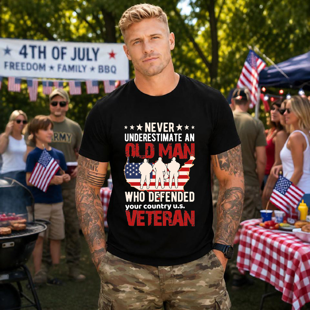 Old Man Who Defended Your Country U.S. Veteran T-Shirt American Flag Veteran Unisex Cotton Tee v7