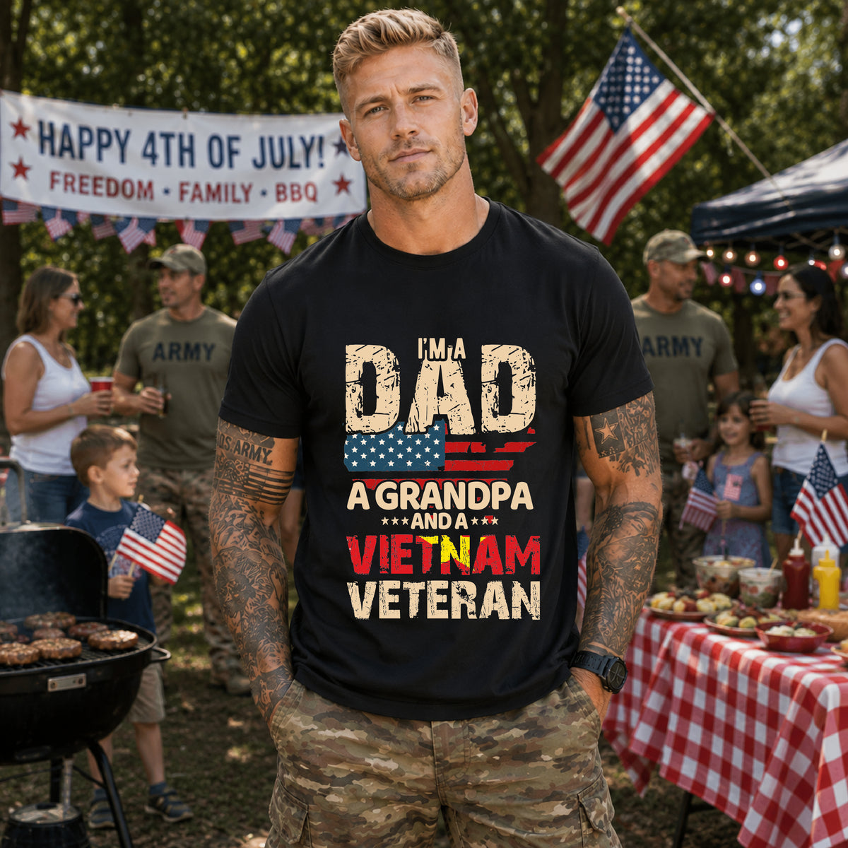 I'm a Dad a Grandpa and a Vietnam Veteran T-Shirt American Flag Patriotic Unisex Cotton Tee v3