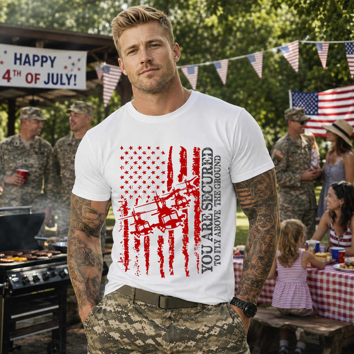 You Are Secured Flag design Tee Military Helicopter Red Distressed USA Unisex Cotton T-Shirt v2