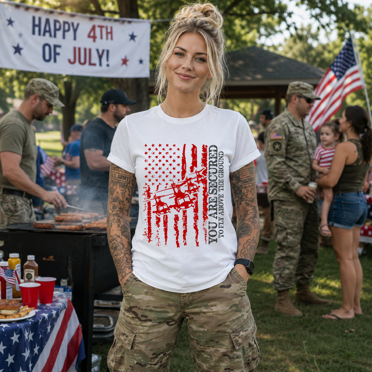 You Are Secured Flag design Tee Military Helicopter Red Distressed USA Unisex Cotton T-Shirt v2