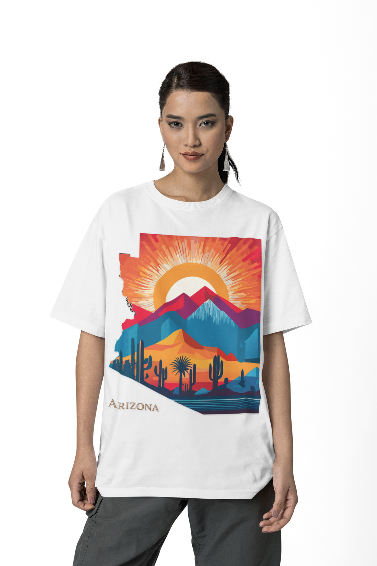 Arizona Desert Sunset Tee | State Silhouette, Cactus Landscape