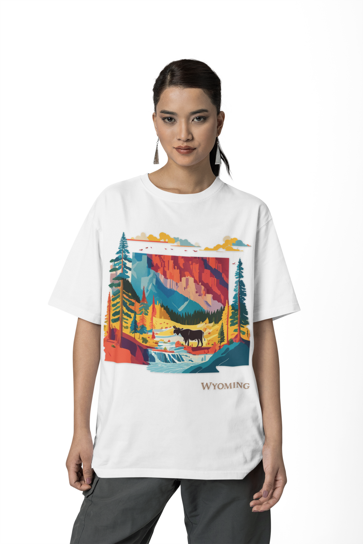 Wyoming Landscape Moose Tee | Vintage National Park Mountain Forest Design