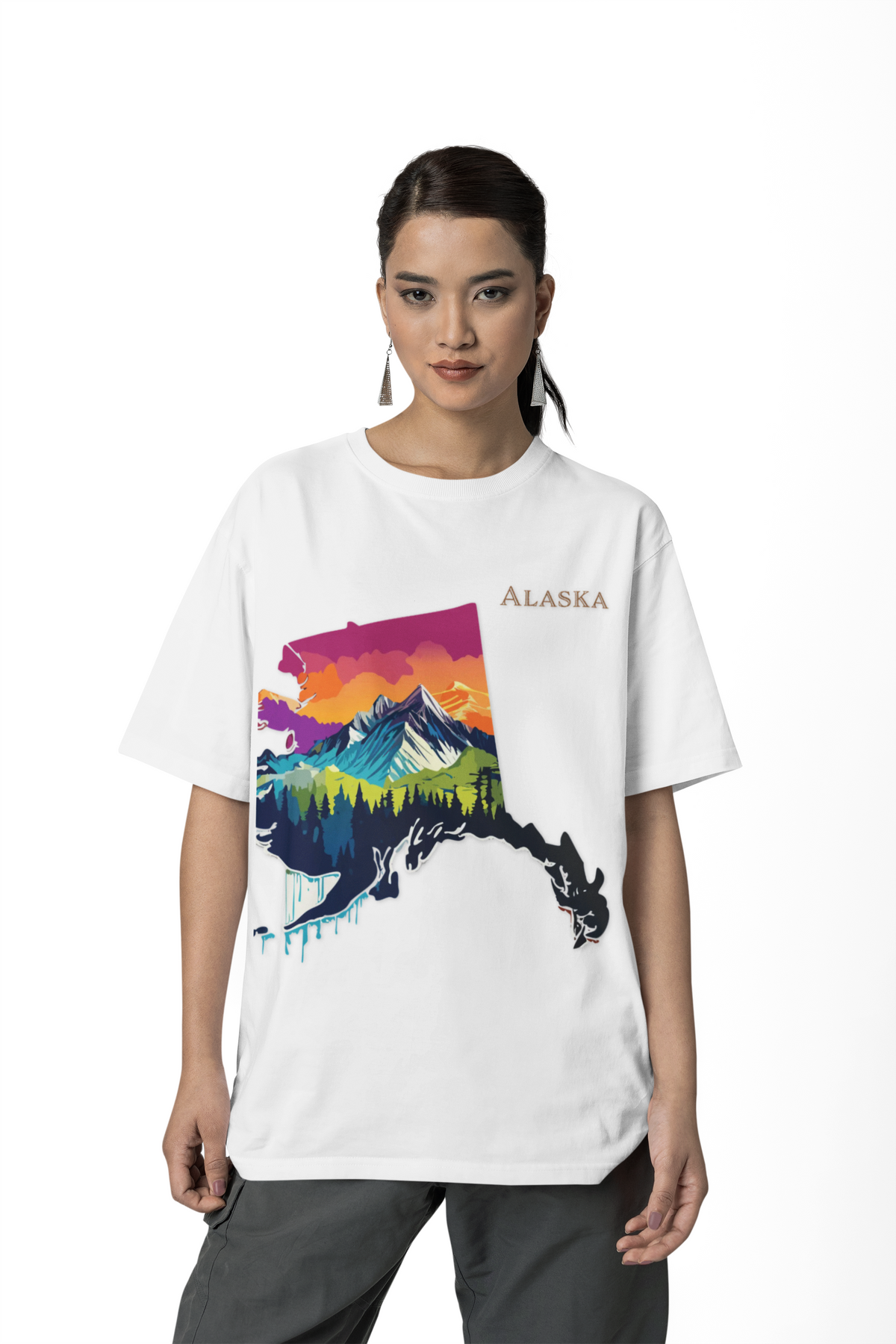 Alaska Mountain Landscape T-Shirt | State Silhouette Sunset Forest