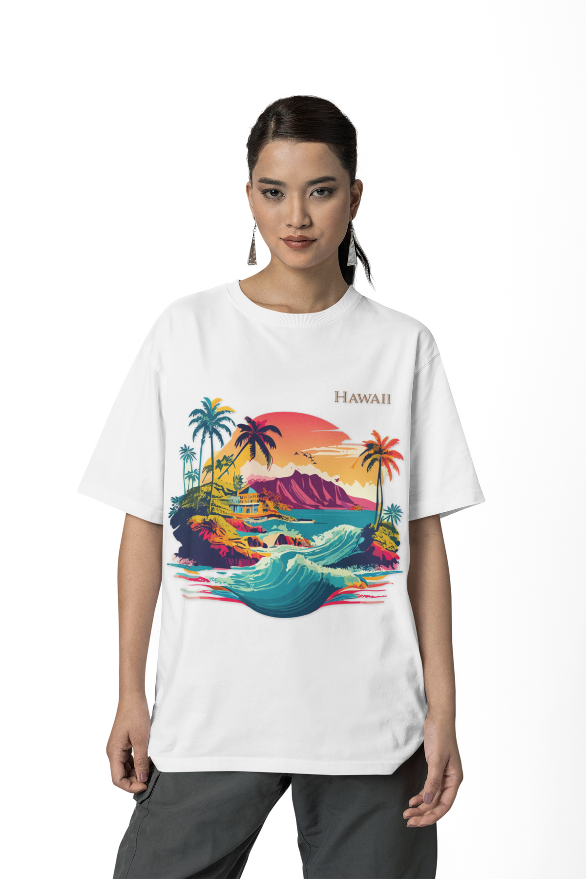 Hawaii Retro Sunset Surf Scene Tee | Palm Trees, Waves, Island Graphic