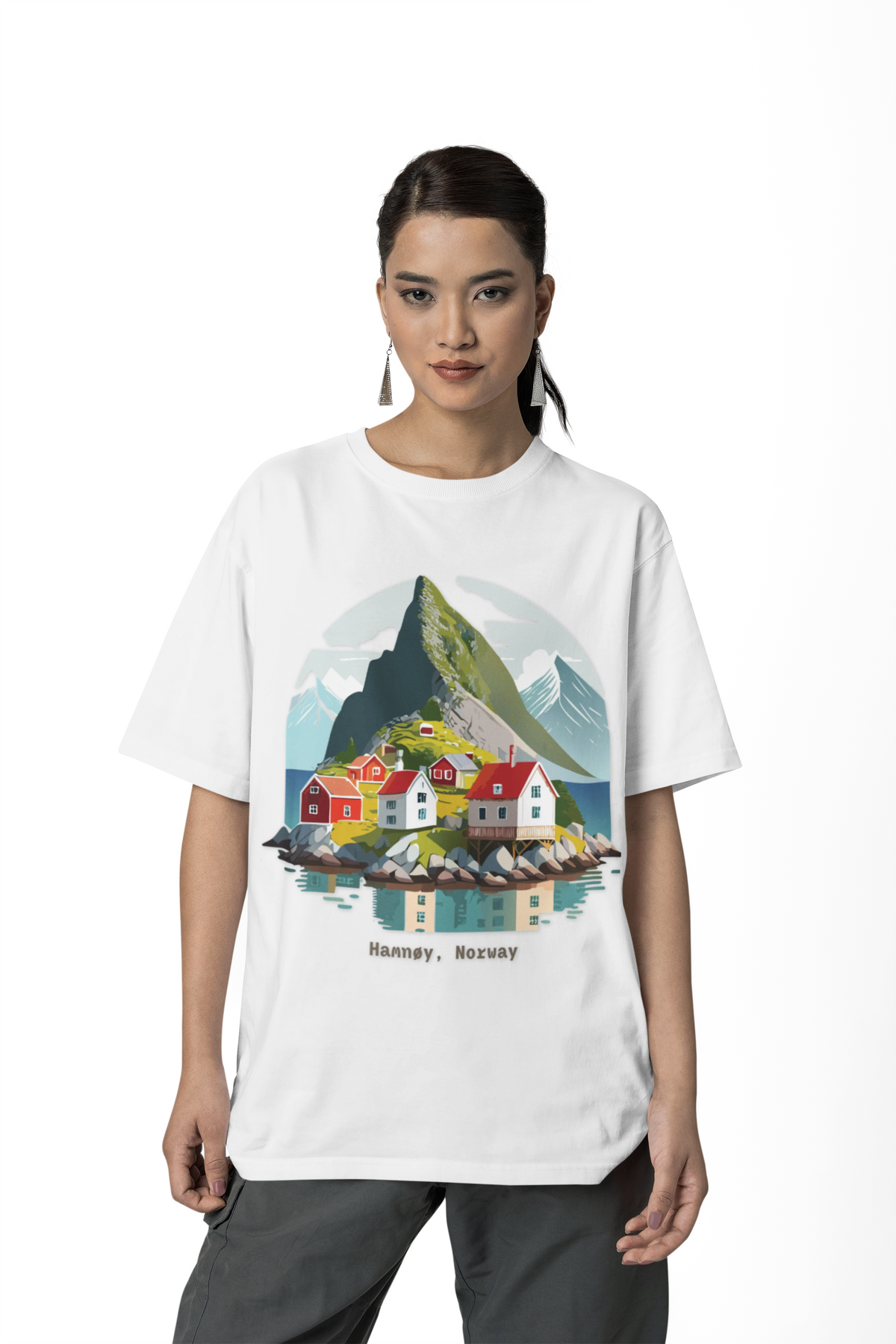 Hamnøy Norway Village Illustration Tee | Scandinavian Coastal Landscape