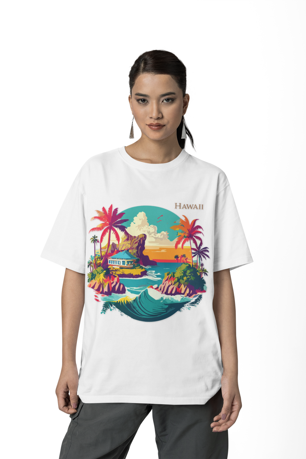 Hawaii Sunset Surf Scene T-Shirt | Tropical Beach Illustration