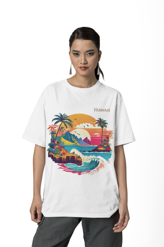 Hawaii Retro Sunset Surf Scene T-Shirt | Tropical Island Palm Beach Tee
