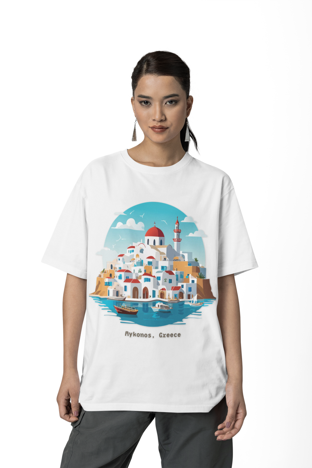 Mykonos Greece Illustration T-Shirt | Santorini Island Aegean Village Tee