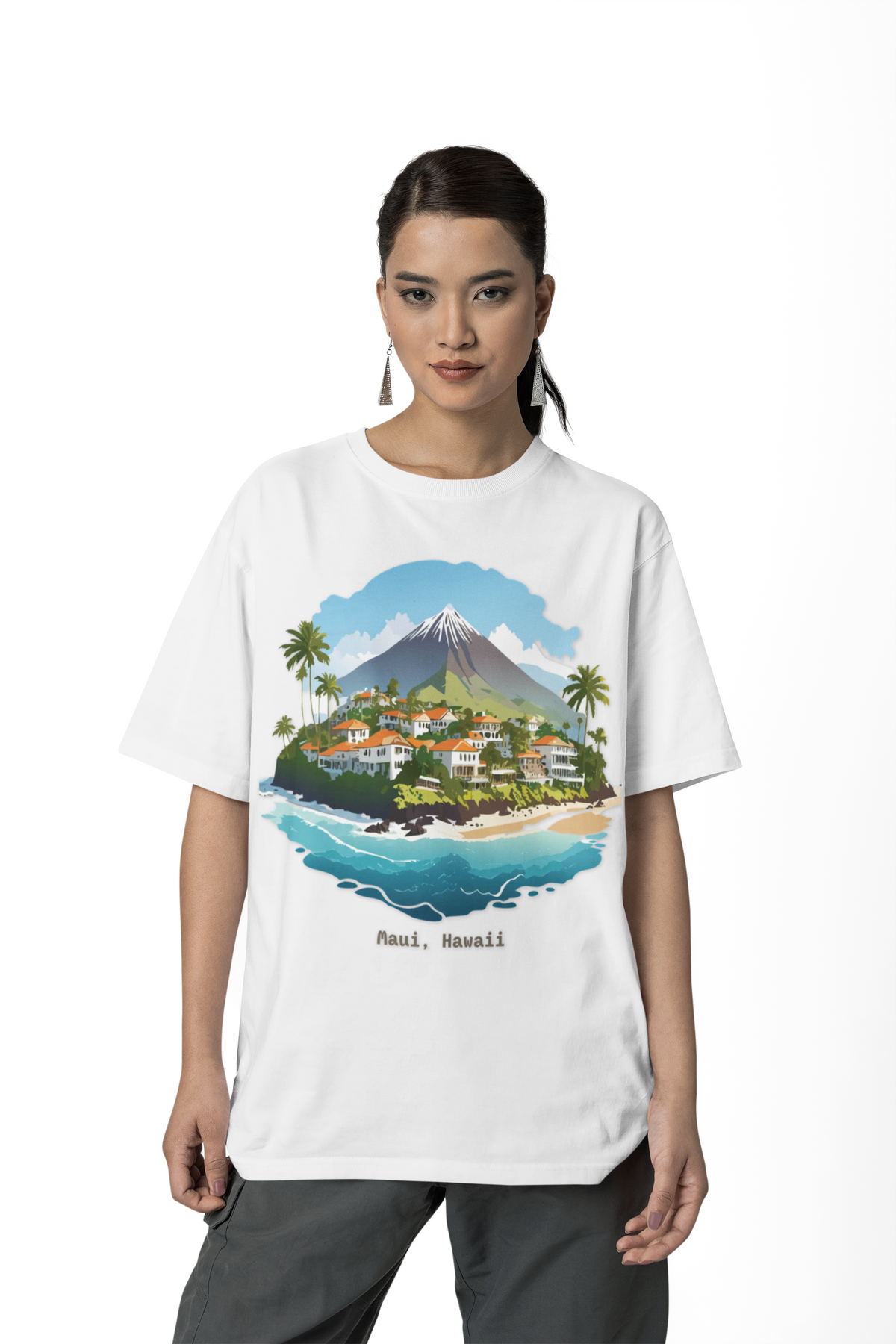 Maui Hawaii Island Landscape T-Shirt | Tropical Beach Village Print