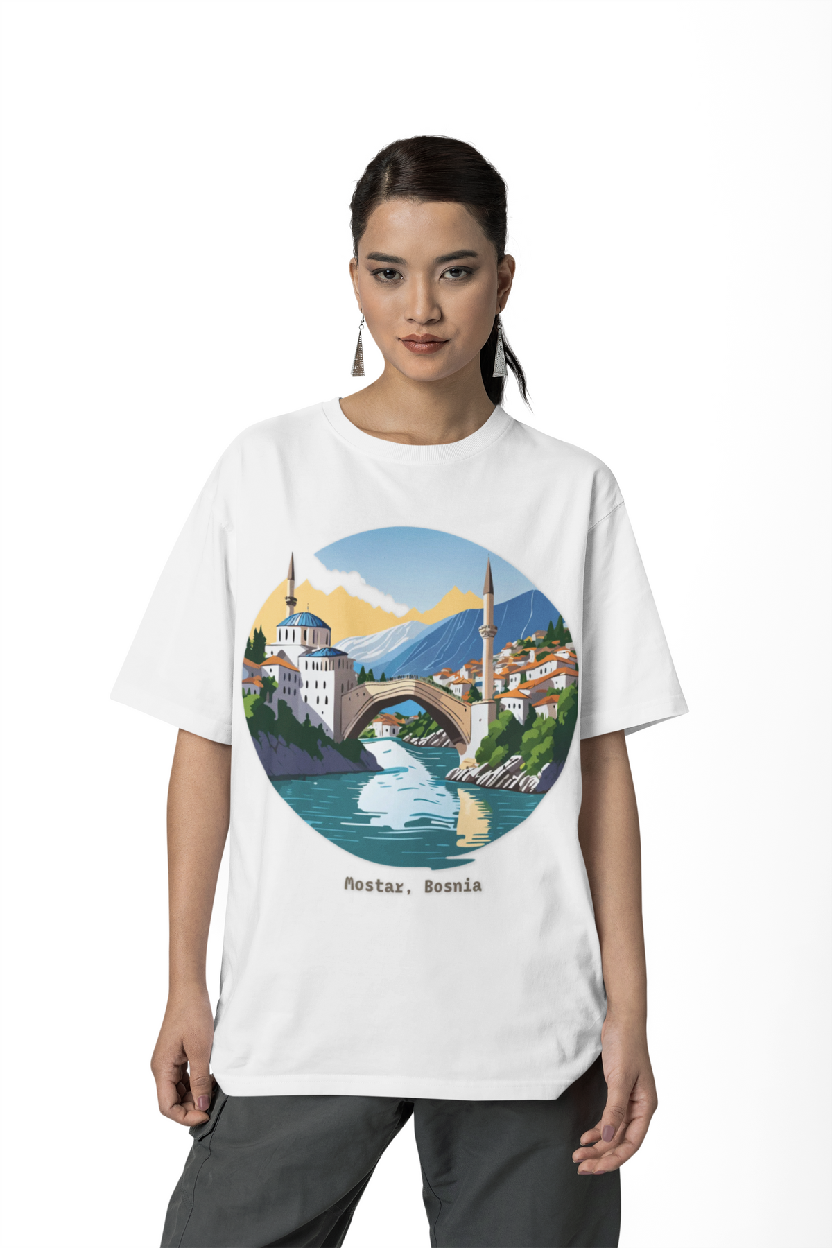 Mostar Bosnia Illustration T-Shirt | Stari Most Bridge Circle Design