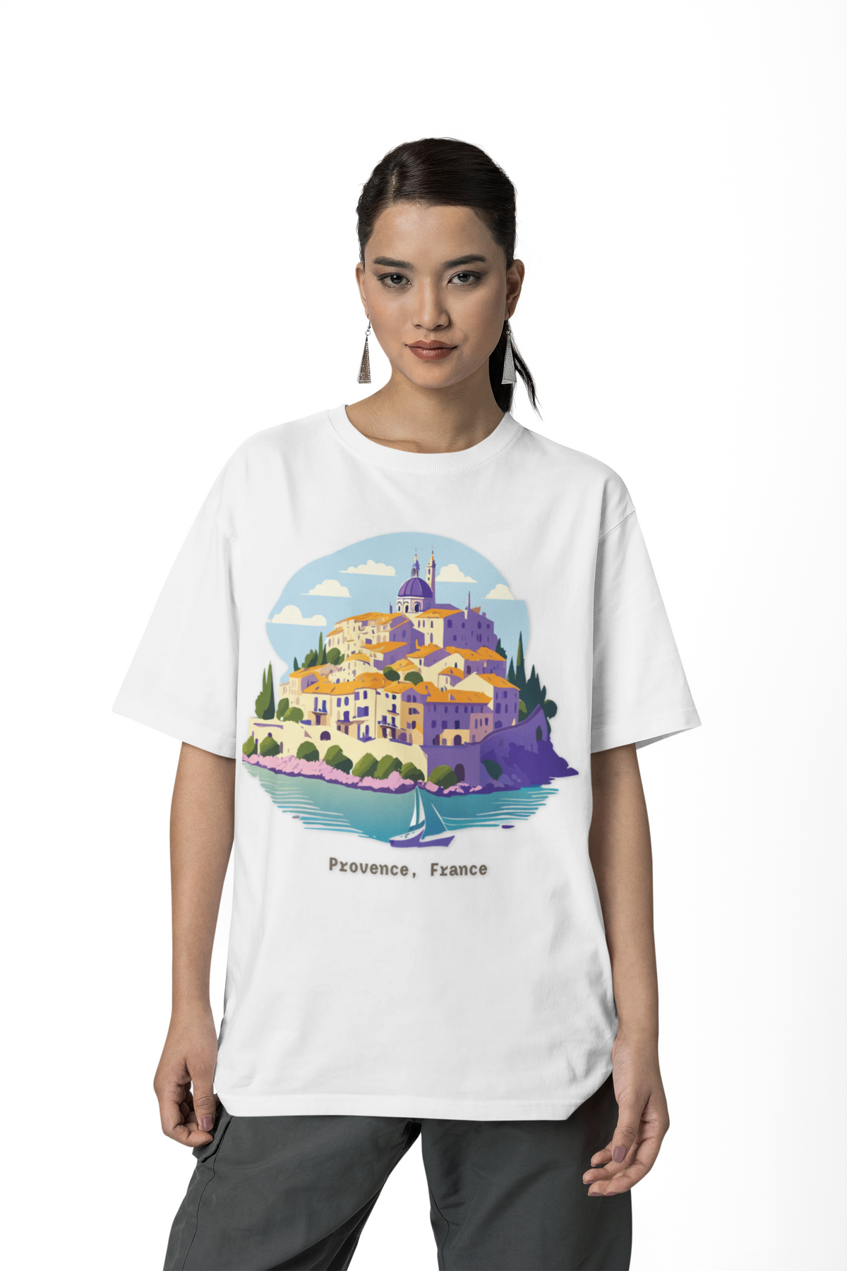 Provence France Village Illustration T-Shirt | Coastal Sailboat Scenic Tee