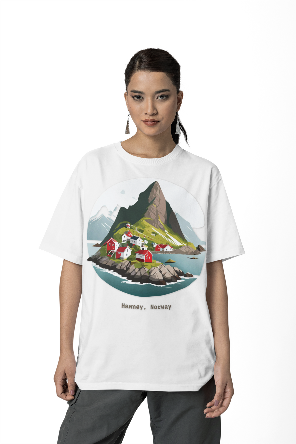 Hamnøy Norway Village Illustration Tee | Scenic Fjord Landscape T-Shirt