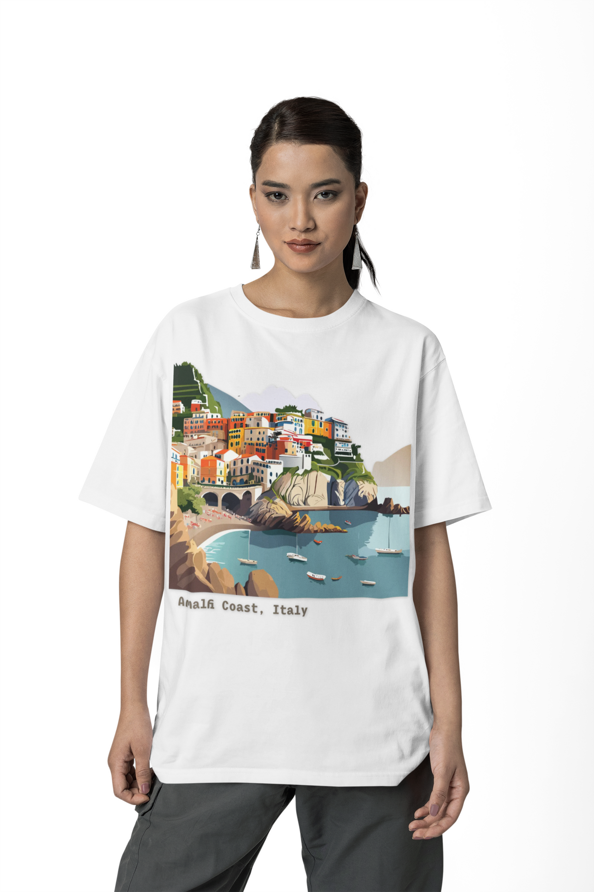 Amalfi Coast Italy illustration T-Shirt | Coastal village, sailboats, seaside print