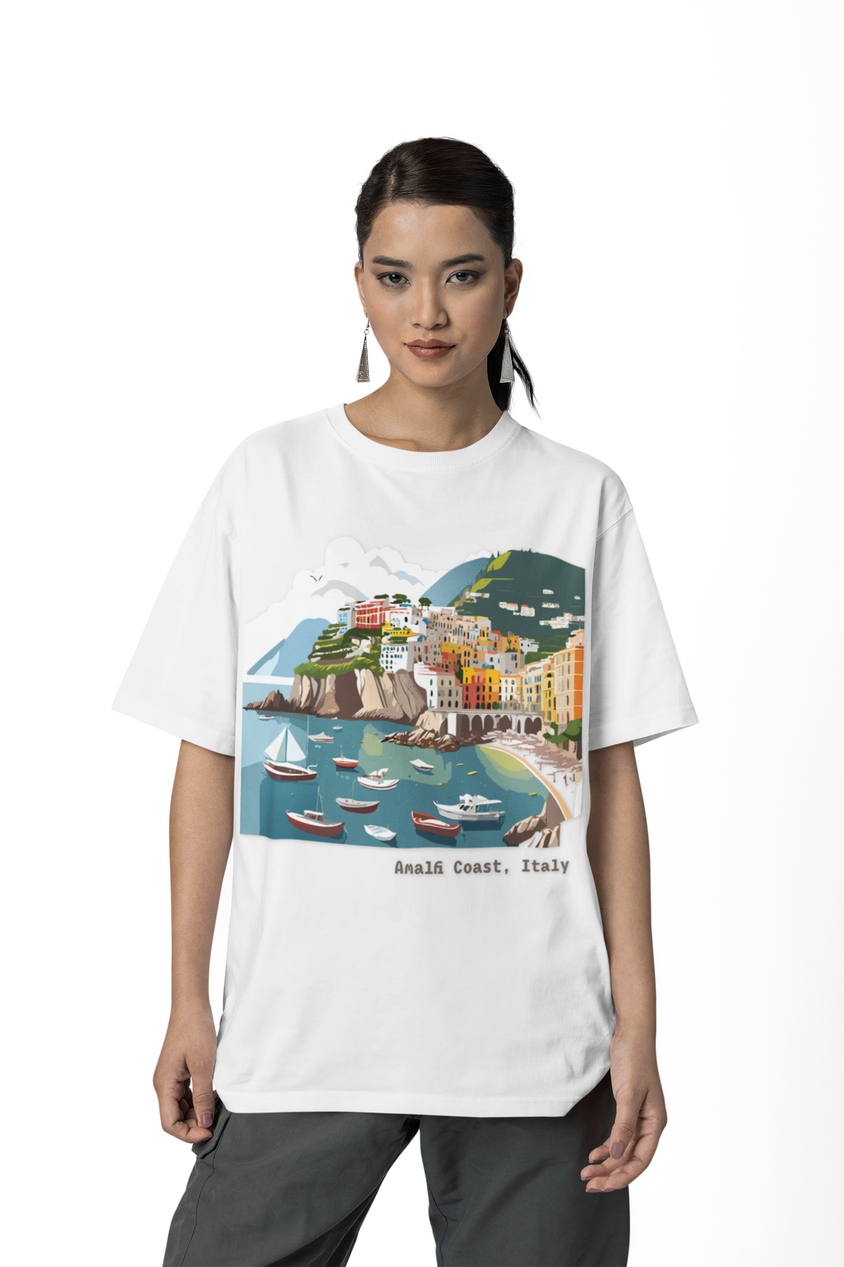 Amalfi Coast Italy Illustration T-Shirt | Coastal Village Beach Scene