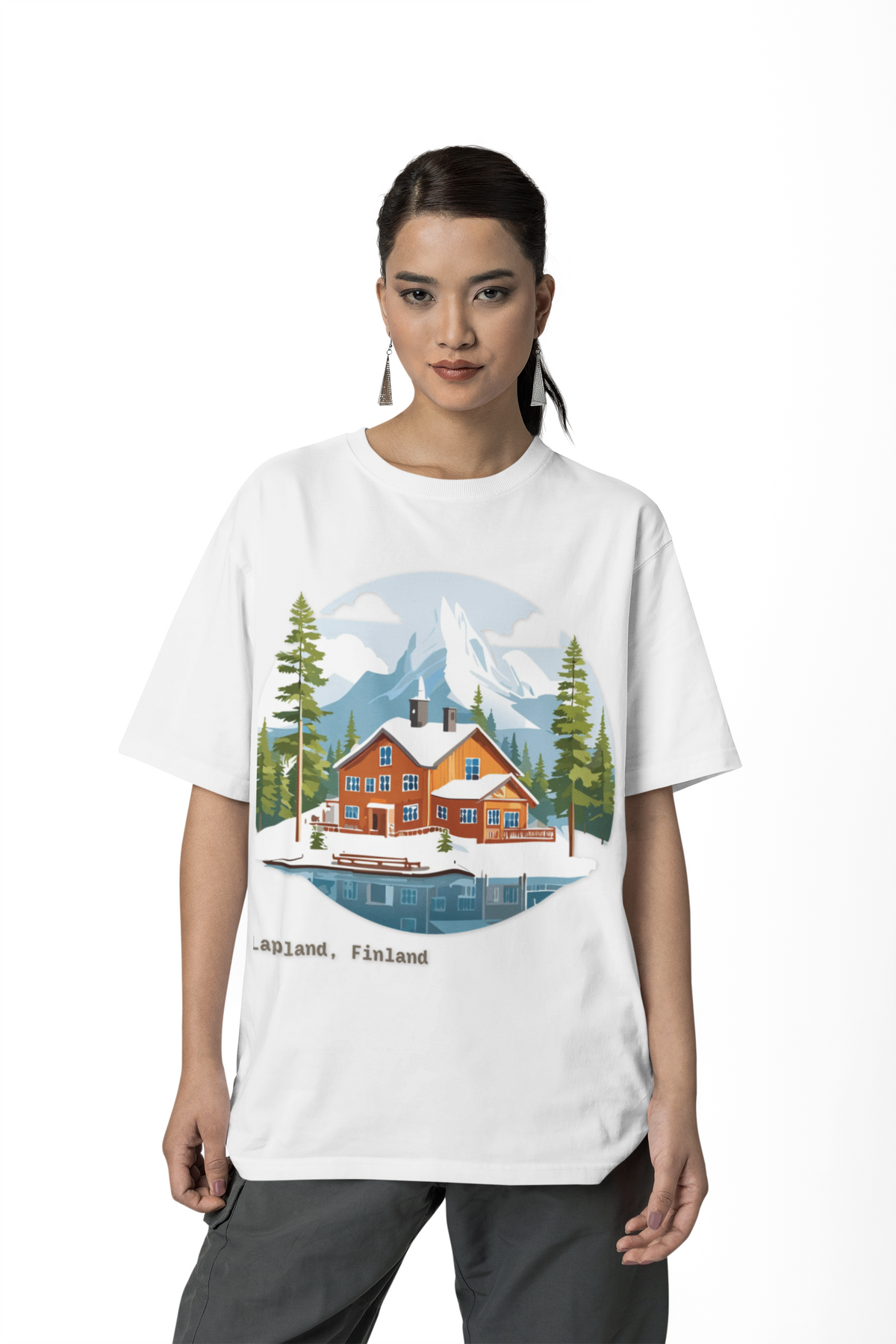 Lapland Finland Cabin Tee | Winter Mountain Lake Illustration