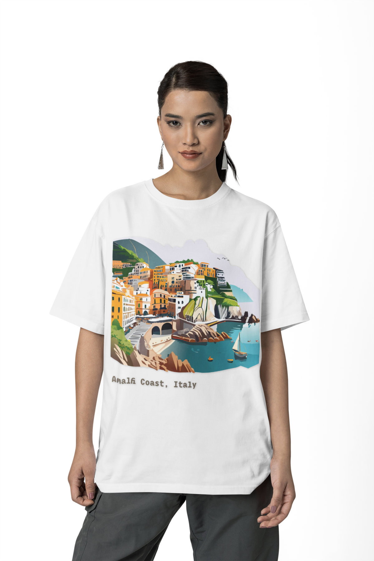 Amalfi Coast Italy Illustration T-Shirt | Coastal Village Seaside Tee