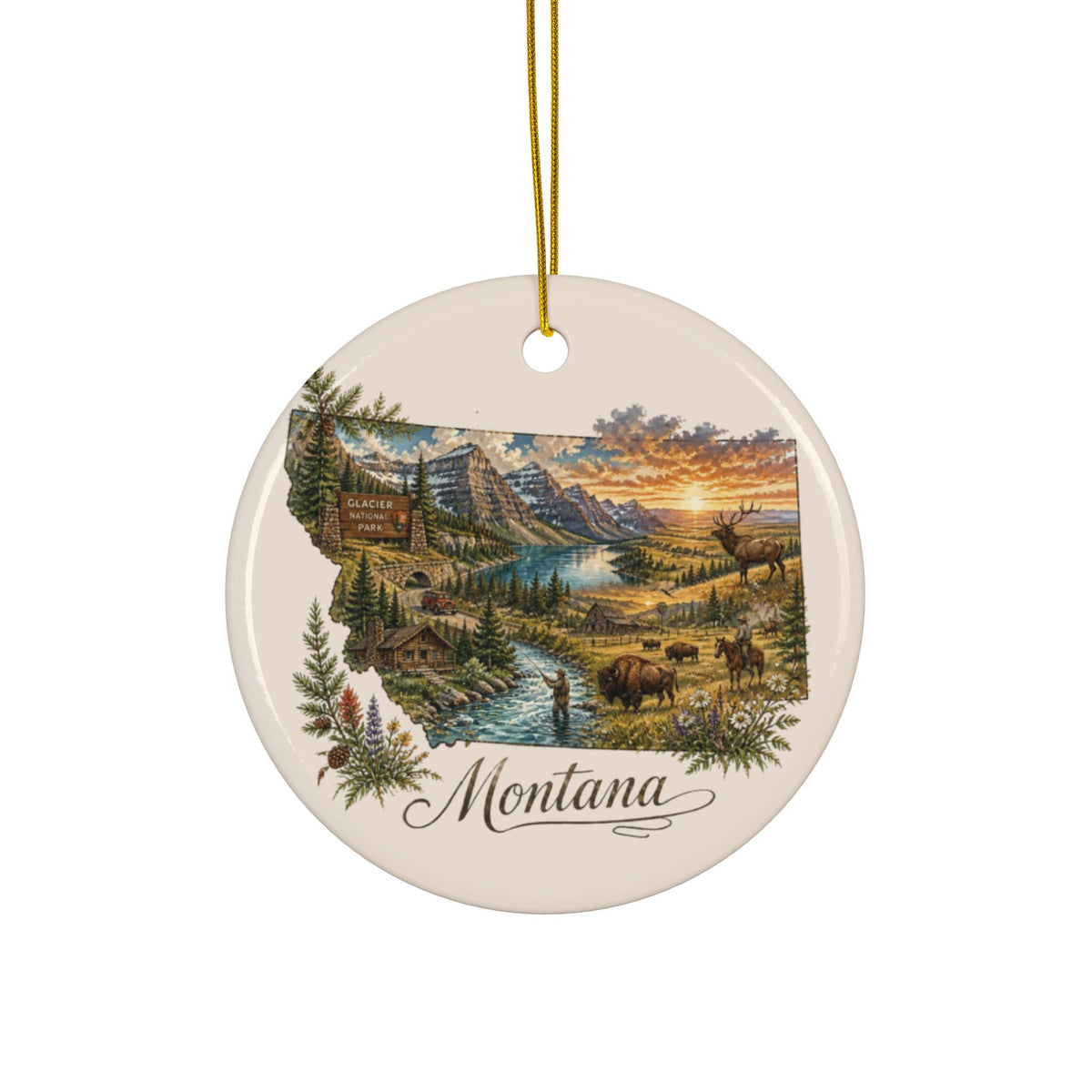 Montana Landscape Ornament | Ceramic Round State Scenic Ornament - 2.99" Includes Gold String