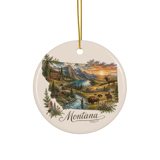 Montana Landscape Ornament | Ceramic Round State Scenic Ornament - 2.99" Includes Gold String