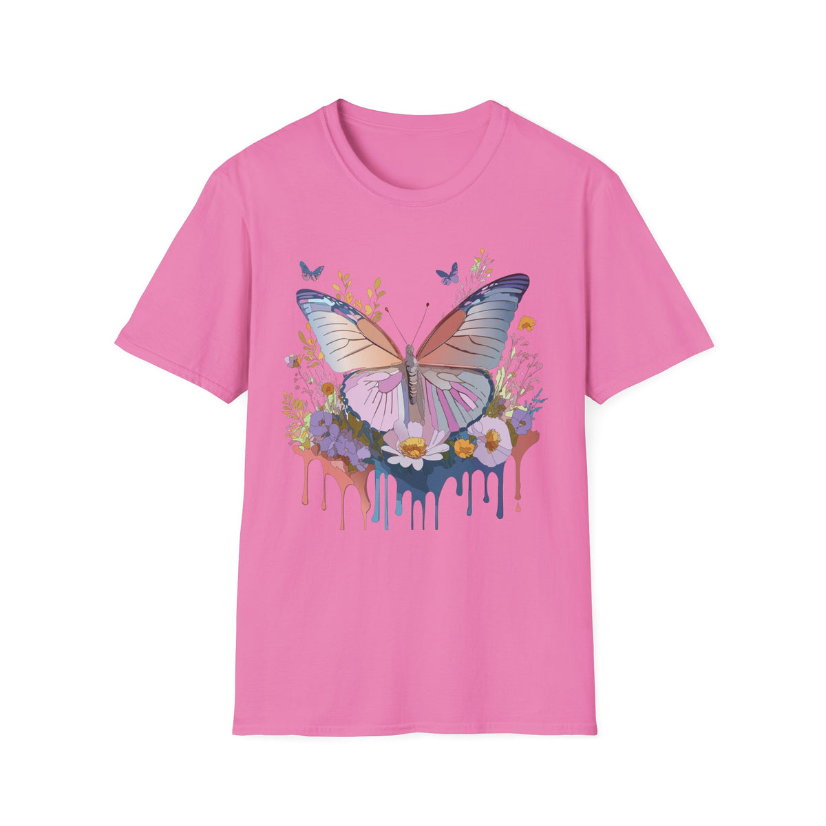 Butterfly Floral T-Shirt — Pastel Watercolor Wings with Drip Art Graphic Tee Unisex 100 Cotton Gildan T-Shirt
