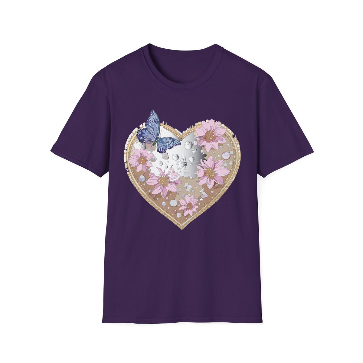 Floral Heart with Butterfly T-Shirt | Pink Flowers, Moon Phases Graphic Tee Unisex 100 Cotton Gildan T-Shirt