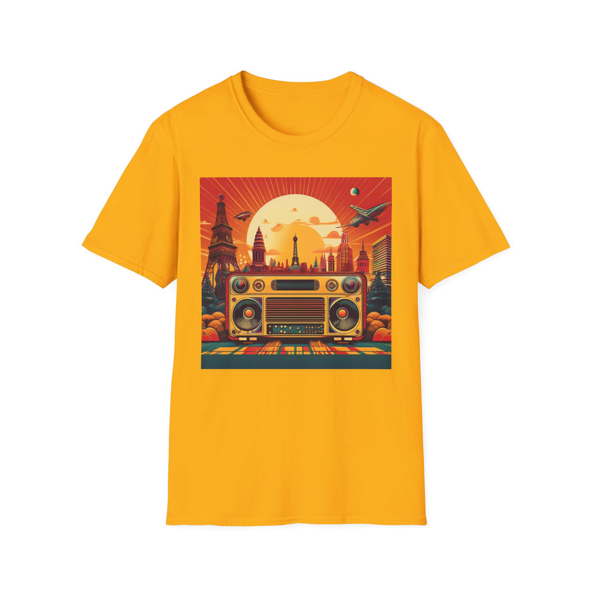 Retro Boombox Sunset Cityscape Graphic Posters, Post Stamps Design Unisex 100 Cotton Gildan T-Shirt
