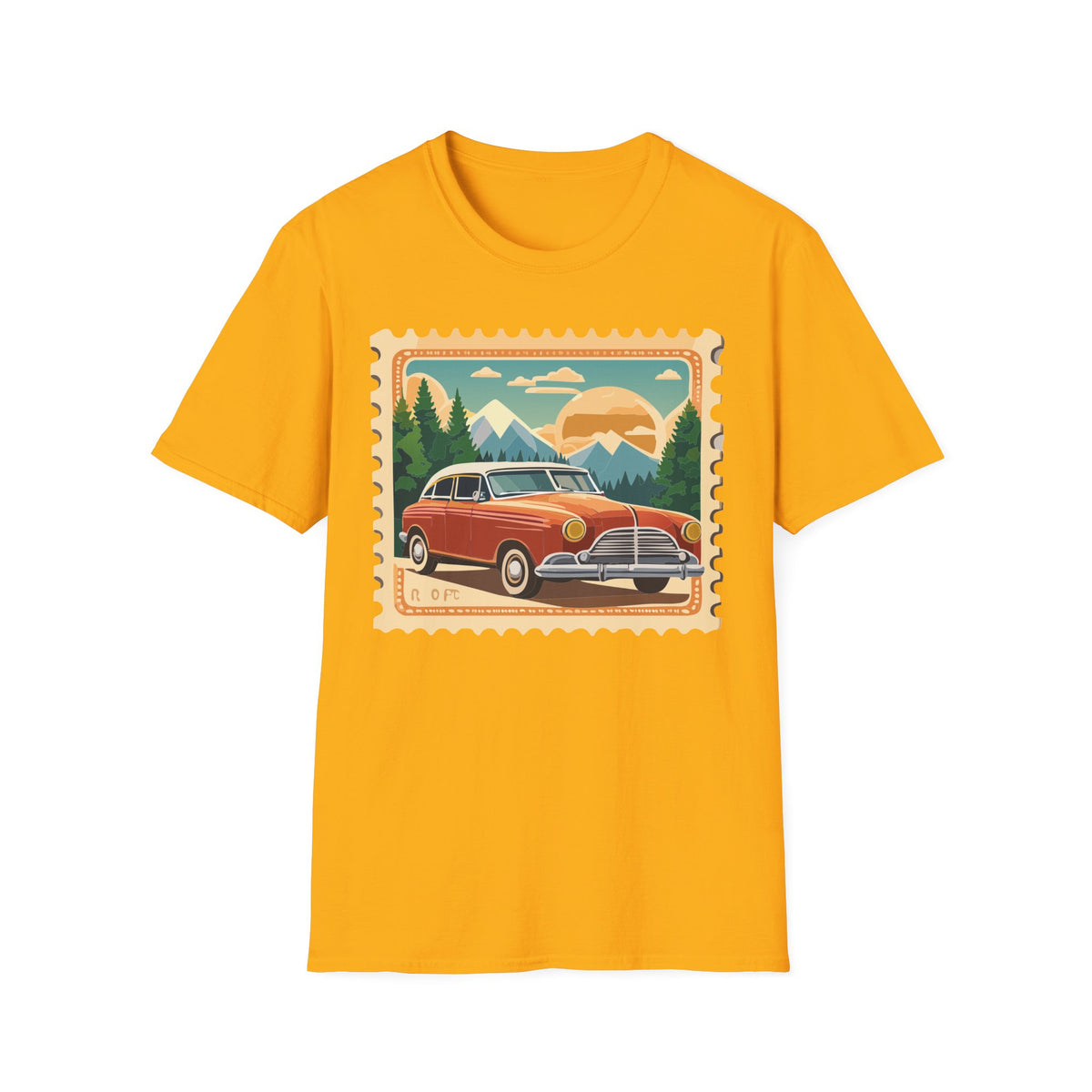 Vintage Road Trip Car T-Shirt | Retro Mountain Sunset Stamp Design