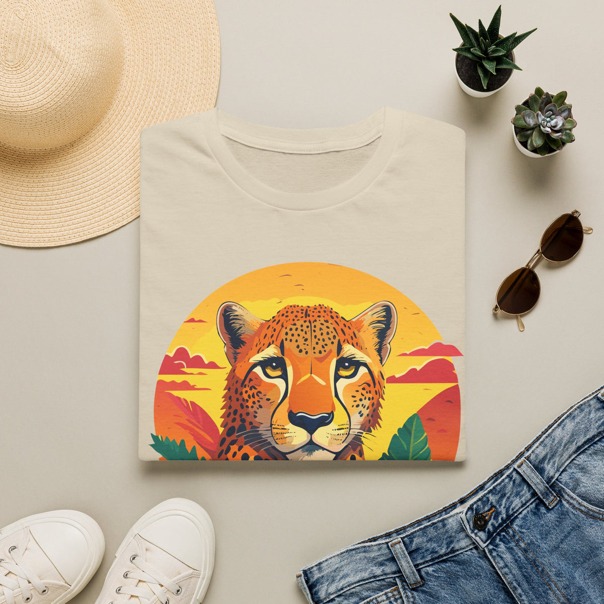 Cheetah Sunset Illustration T-Shirt | Retro Wildlife Tee