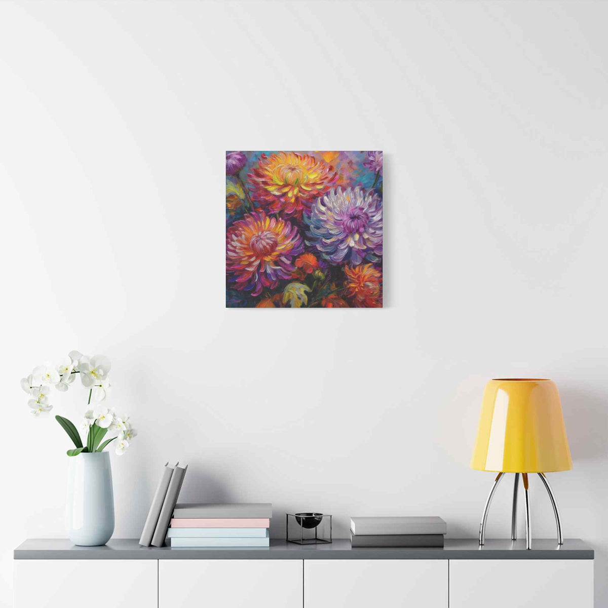 Chrysanthemums Print Canvas, Floral Oil Paint Print 20x20, 24x24, 30x30, 32x32, 36x36 Art Design Pine-Wood Inner Frame MC-158