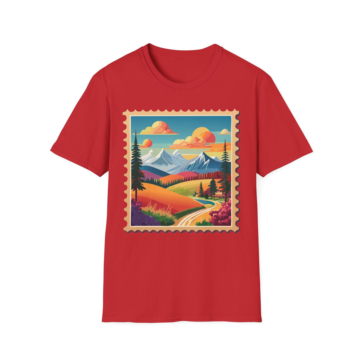 Vintage Mountain Landscape T-Shirt | Scenic Stamp Illustration