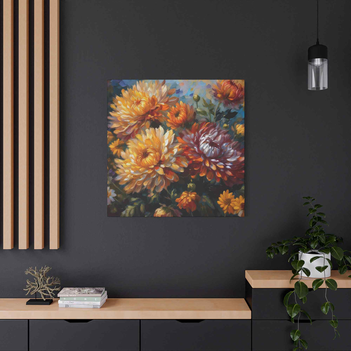 Chrysanthemums Print Canvas, Floral Oil Paint Print 20x20, 24x24, 30x30, 32x32, 36x36 Art Design Pine-Wood Inner Frame MC-157