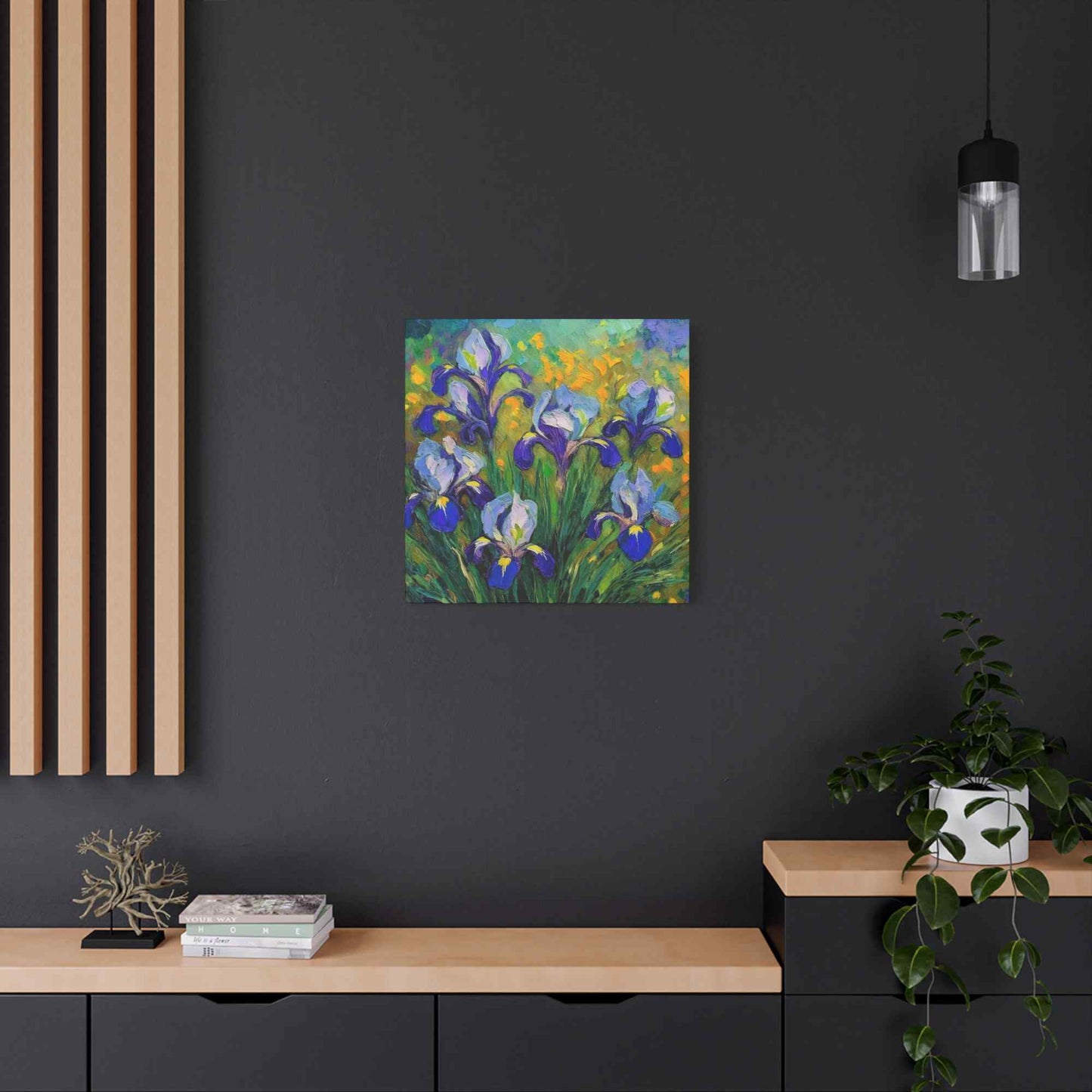 Irises Floral Print Canvas, Floral Oil Paint Print 20x20, 24x24, 30x30, 32x32, 36x36 Art Design Pine-Wood Inner Frame MC-186