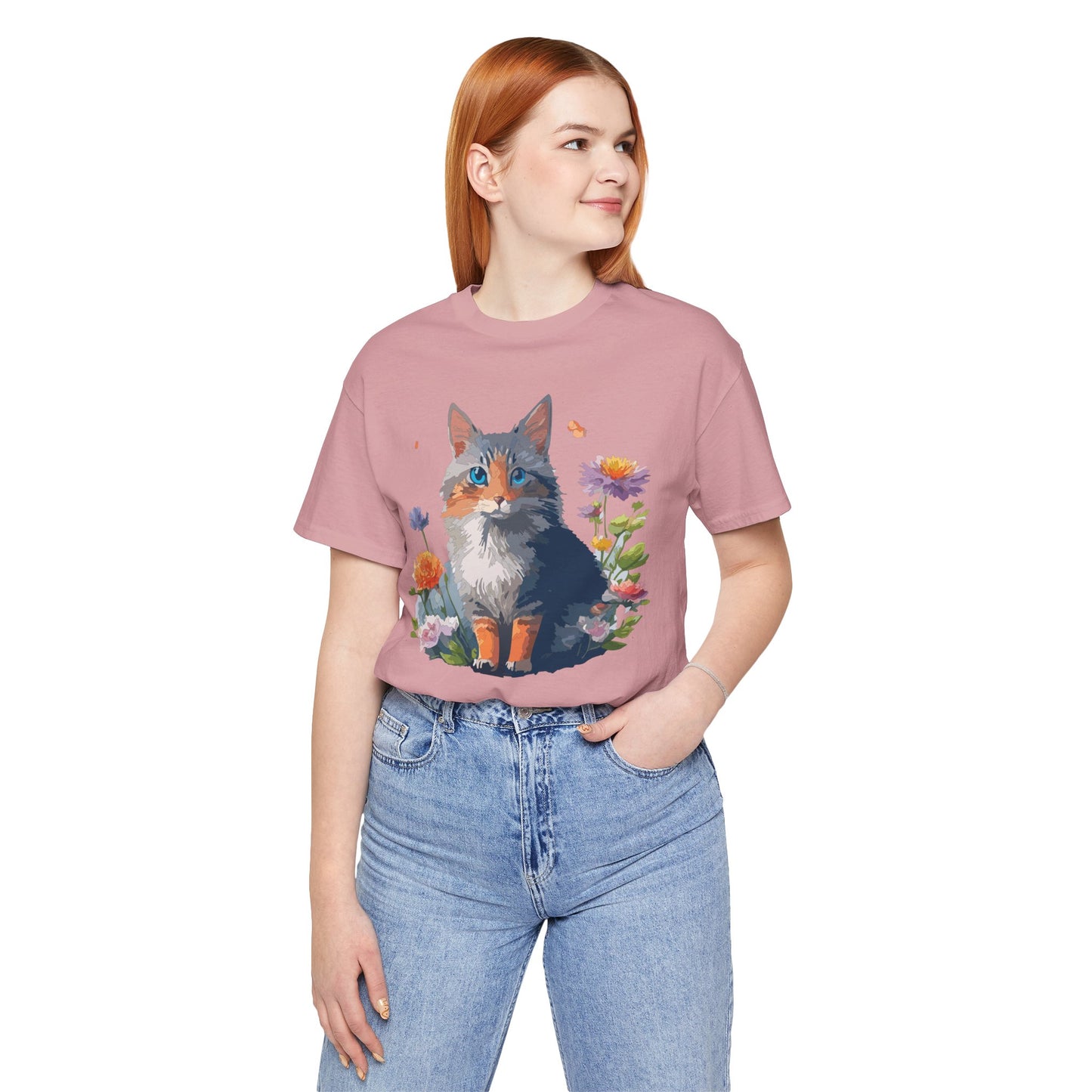 Floral Cat Tee, Animal Shirt, Cat Shirt, Floral Tee, Flower T-shirt, T-Shirt with Animal, Summer Top with Art Design