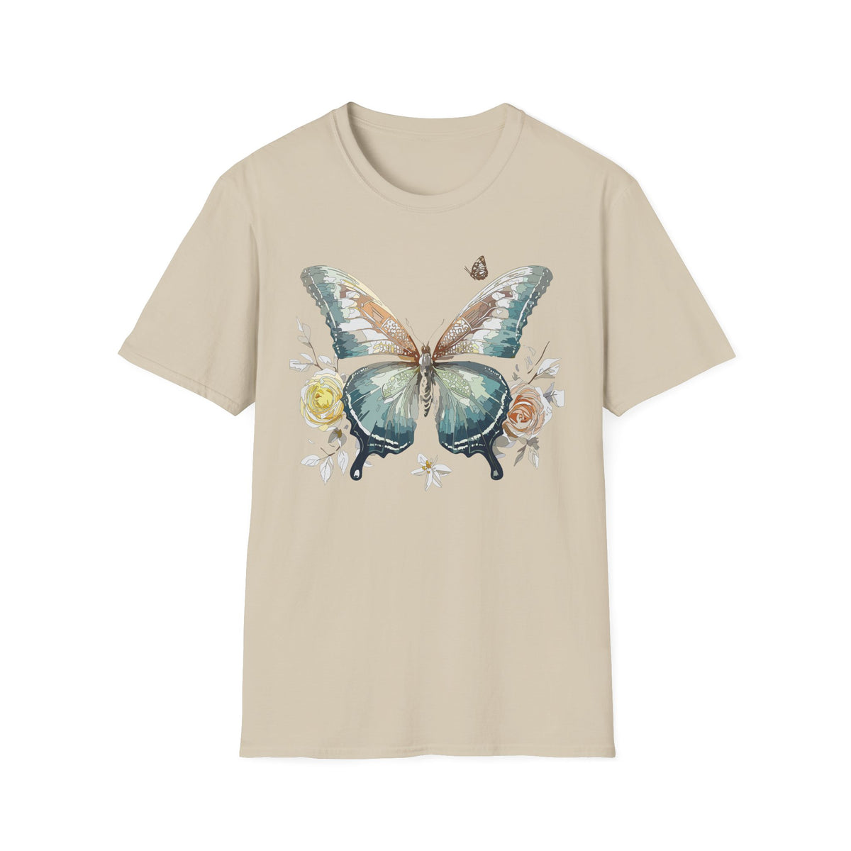 Teal Watercolor Butterfly T-Shirt | Floral Accent Graphic Tee Unisex 100 Cotton Gildan T-Shirt
