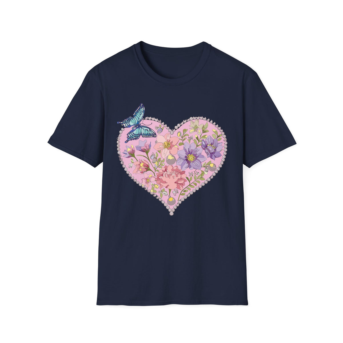 Floral Heart with Butterfly T-Shirt | Botanical Heart Graphic Tee Unisex 100 Cotton Gildan T-Shirt