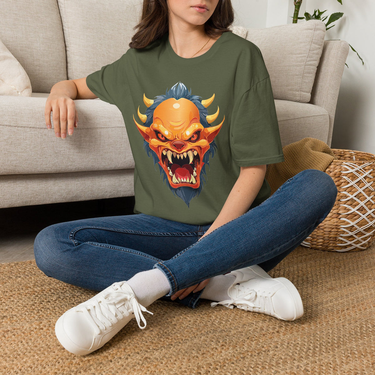 Demonic Oni Mask T-Shirt — Fierce Japanese Demon Face Cartoon Graphic Tee Unisex 100 Cotton Gildan T-Shirt