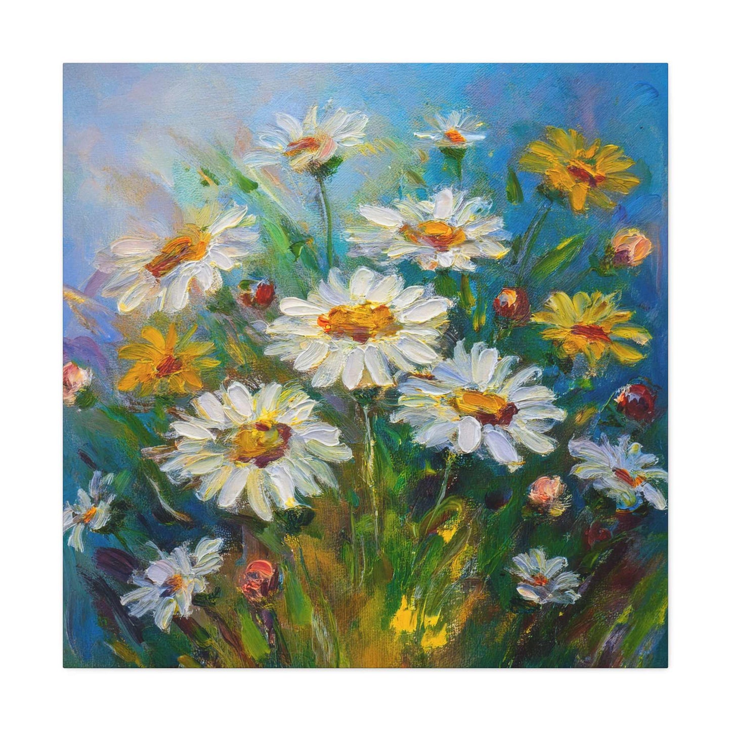 White Daisies Print Canvas, Floral Oil Paint Print 20x20, 24x24, 30x30, 32x32, 36x36 Art Design Pine-Wood Inner Frame MC-128