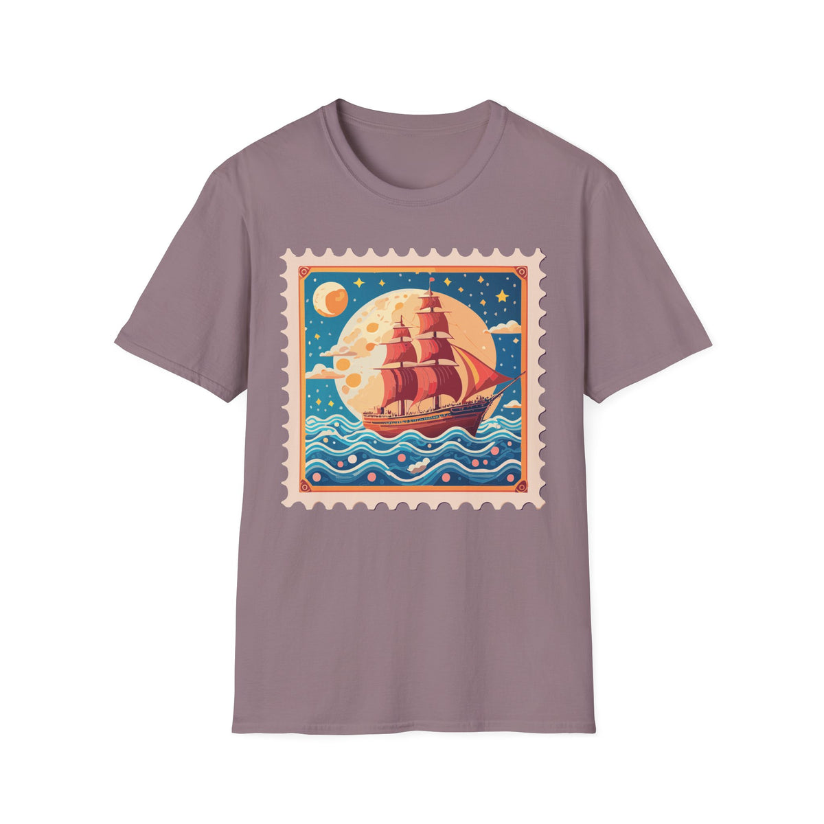 Vintage Sailing Ship Stamp T-Shirt | Retro Moon Ocean Illustration