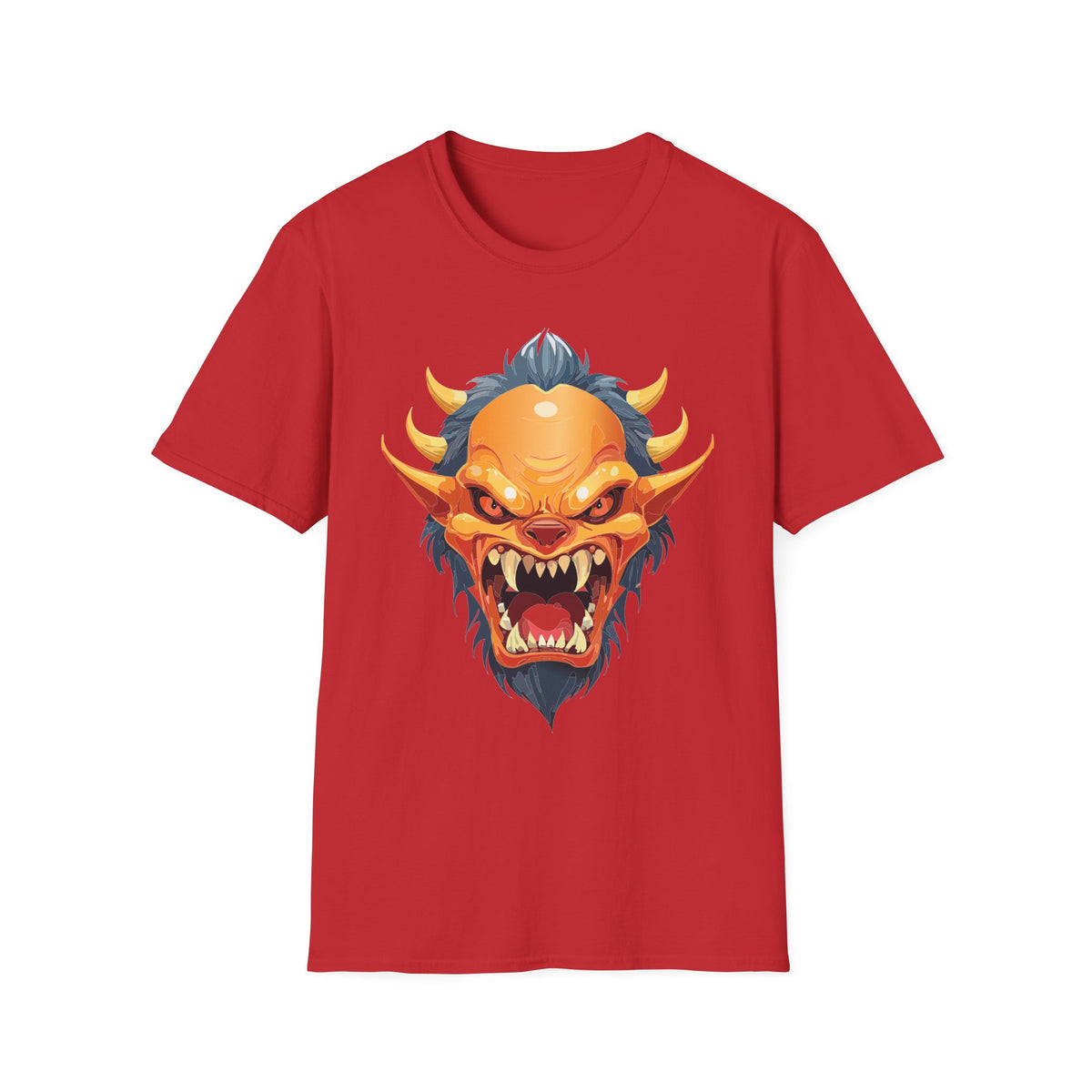 Demonic Oni Mask T-Shirt — Fierce Japanese Demon Face Cartoon Graphic Tee Unisex 100 Cotton Gildan T-Shirt