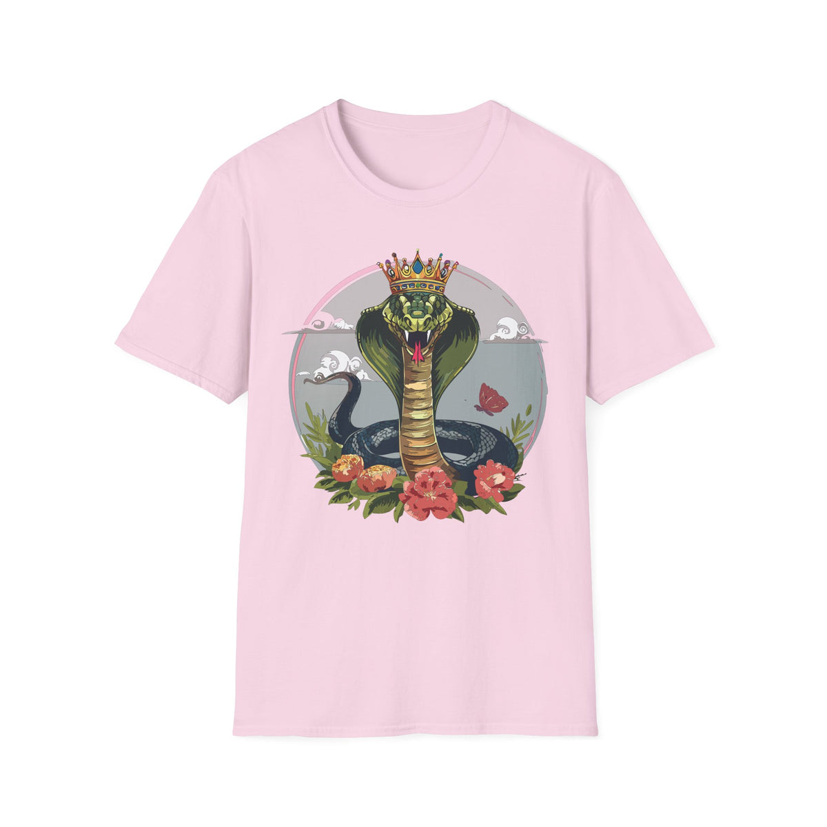 Crowned King Cobra T-Shirt | Snake Illustration, Floral Accent
