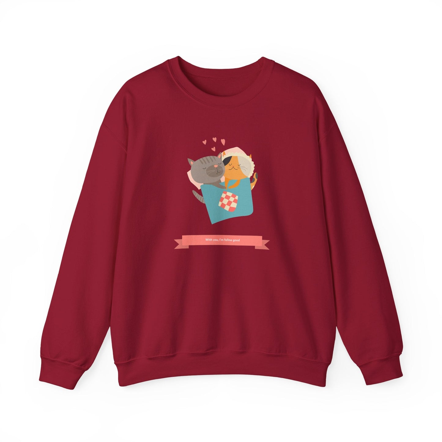 Cat Heart Sweatshirt Unisex Valentines Day 50 50 Cotton Poly Crewneck Gildan 18000
