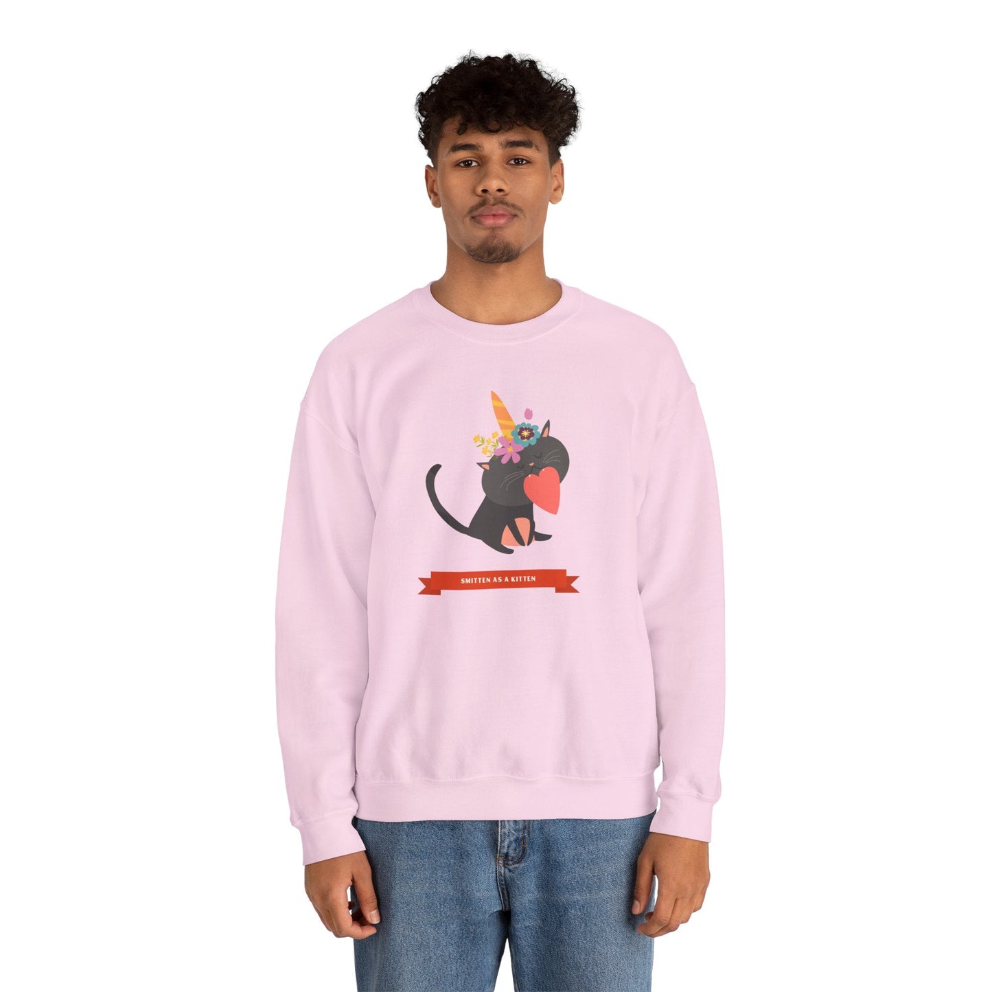 Cat Heart Sweatshirt Unisex Valentine Gift 50/50 Cotton-Poly Crewneck Gildan 18000