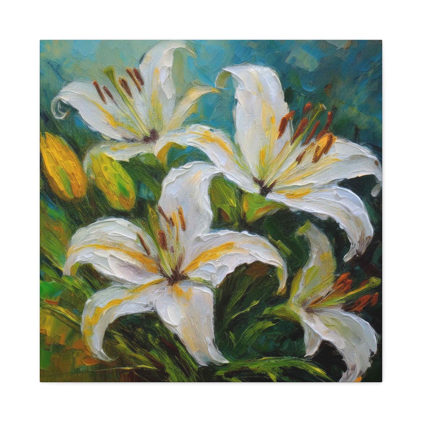 White Lilies Print Canvas, Floral Oil Paint Print 20x20, 24x24, 30x30, 32x32, 36x36 Art Design Pine-Wood Inner Frame MC-153