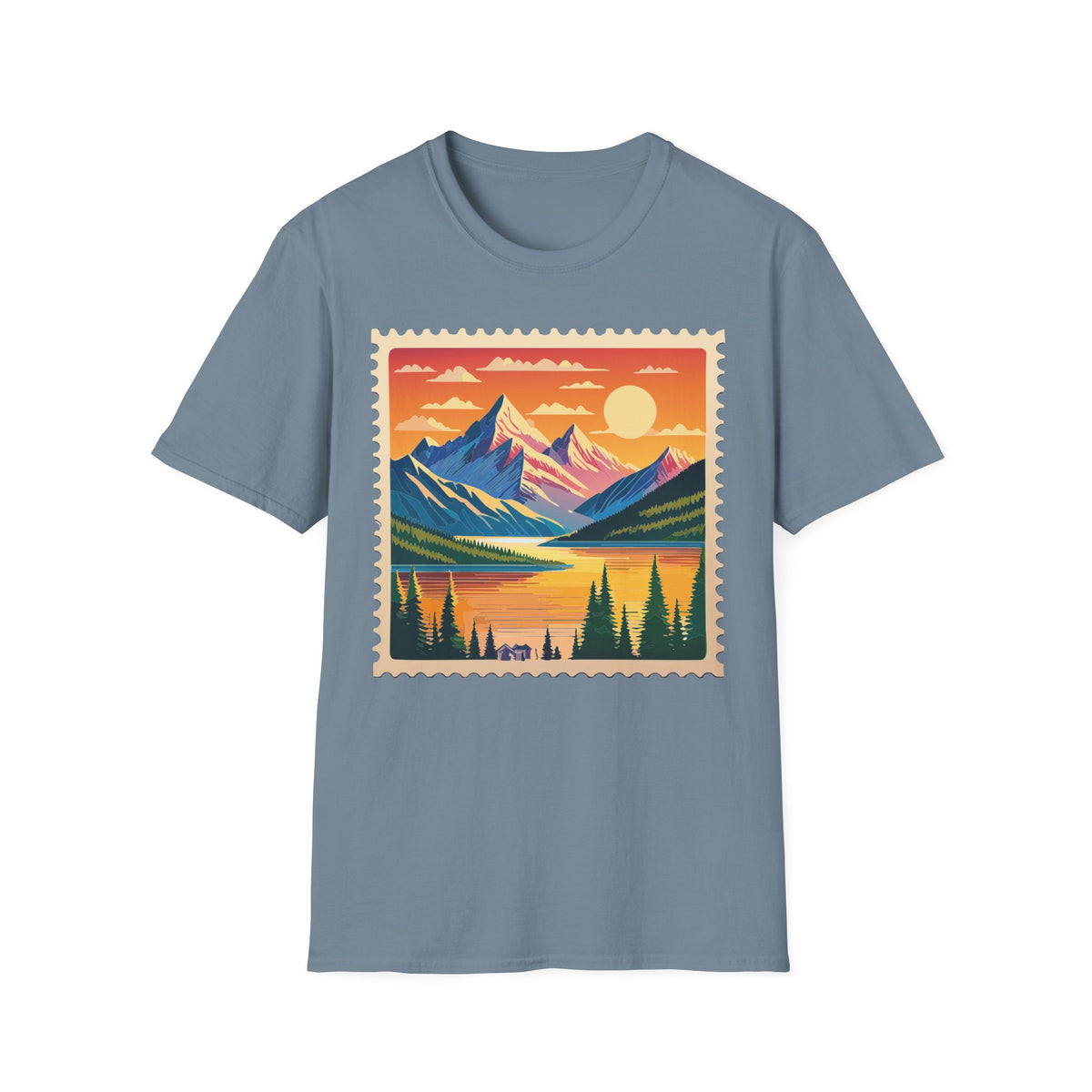Sunset Mountain Landscape T-Shirt | Vintage Stamp Style